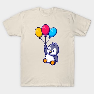 Cute Penguin Flying With Balloons T-Shirt